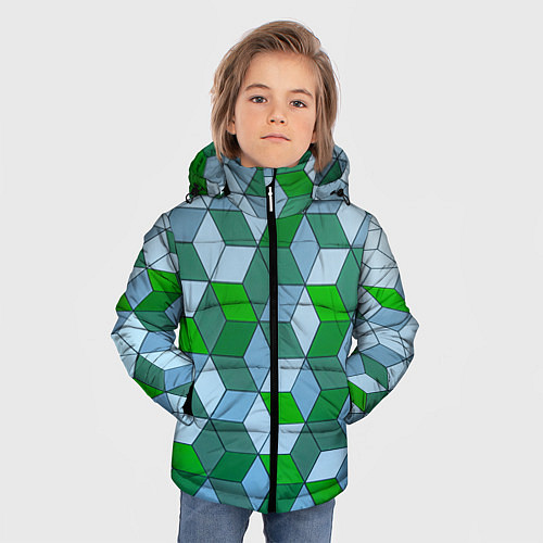 Зимняя куртка для мальчика Зелёные и серые абстрактные кубы с оптической иллю / 3D-Красный – фото 3