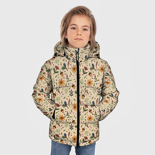 Зимняя куртка для мальчика Растения на бежевом фоне / 3D-Красный – фото 3