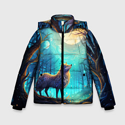 Куртка зимняя для мальчика Волк в ночном лесу в folk art стиле, цвет: 3D-черный