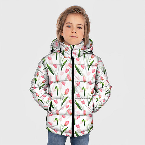 Зимняя куртка для мальчика Тюльпаны и сердечки - паттерн / 3D-Светло-серый – фото 3