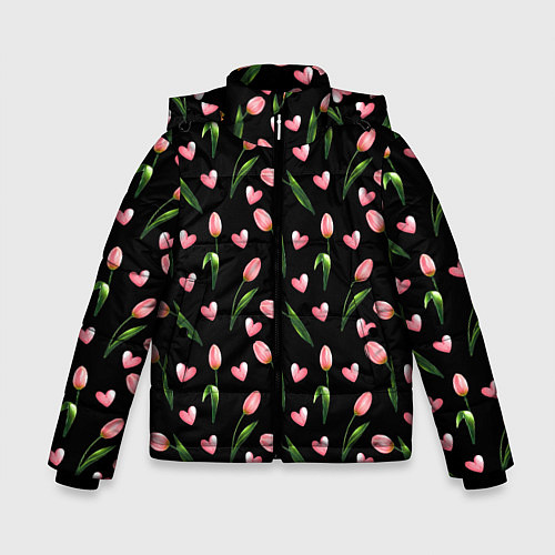 Зимняя куртка для мальчика Тюльпаны и сердечки на черном - паттерн / 3D-Черный – фото 1
