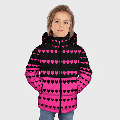 Зимняя куртка для мальчика Черные и розовые сердца узор / 3D-Красный – фото 3