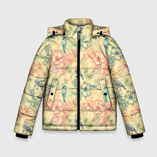 Зимняя куртка для мальчика Птицы и цветы / 3D-Светло-серый – фото 1
