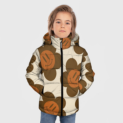 Зимняя куртка для мальчика Цветочки-смайлики ретро / 3D-Светло-серый – фото 3