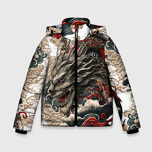 Зимняя куртка для мальчика Тату дракона в стиле Ирезуми / 3D-Черный – фото 1