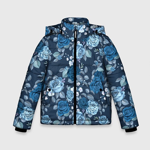 Зимняя куртка для мальчика Голубые розы паттерн / 3D-Черный – фото 1
