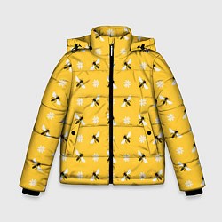 Куртка зимняя для мальчика Пчелы и цветы паттерн, цвет: 3D-черный
