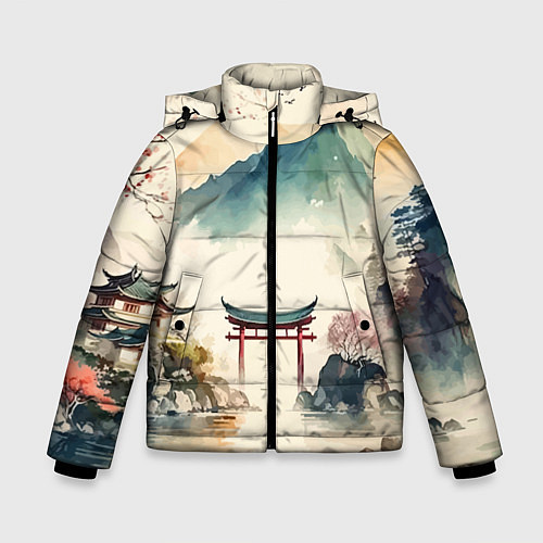 Зимняя куртка для мальчика Японский пейзаж - акварель / 3D-Красный – фото 1