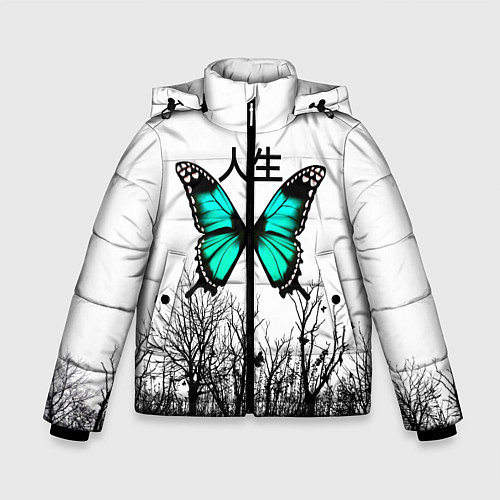 Зимняя куртка для мальчика С бабочкой на фоне японского иероглифа / 3D-Черный – фото 1