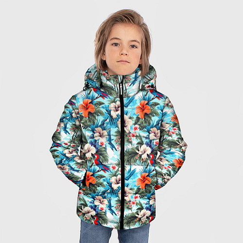 Зимняя куртка для мальчика Белые и оранжевые цветочки / 3D-Красный – фото 3