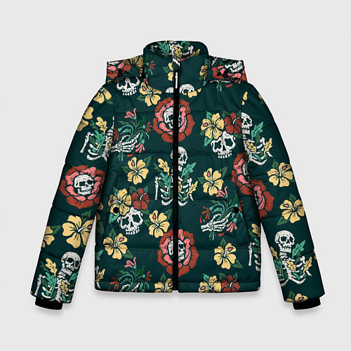 Зимняя куртка для мальчика Скелеты и черепа среди цветов / 3D-Красный – фото 1