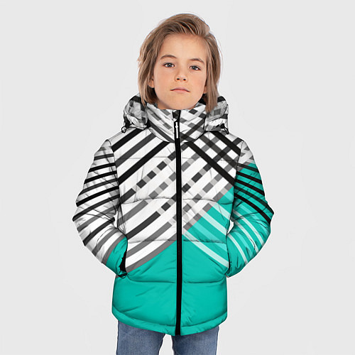 Зимняя куртка для мальчика Черно-белые переплетенные полосы на бирюзовом фоне / 3D-Красный – фото 3
