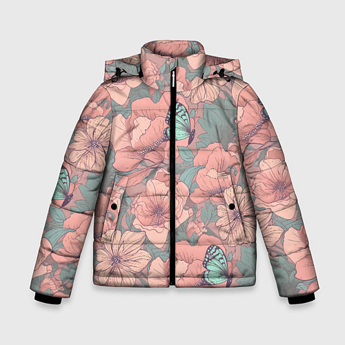 Зимняя куртка для мальчика Паттерн с бабочками и цветами / 3D-Черный – фото 1