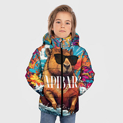 Куртка зимняя для мальчика Капибара в очках на красочных волнах, цвет: 3D-черный — фото 2