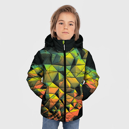 Зимняя куртка для мальчика Зеленая кубическая абстракция / 3D-Красный – фото 3