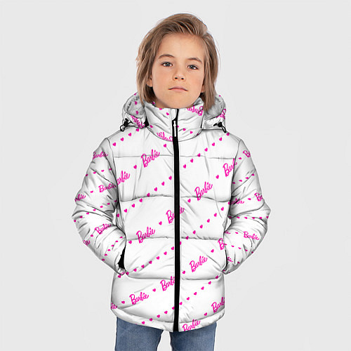 Зимняя куртка для мальчика Барби паттерн - логотип и сердечки / 3D-Светло-серый – фото 3