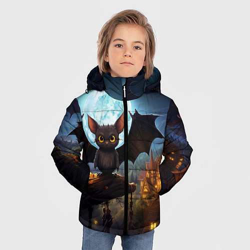 Зимняя куртка для мальчика Летучая мышка на фоне луны и замка / 3D-Красный – фото 3