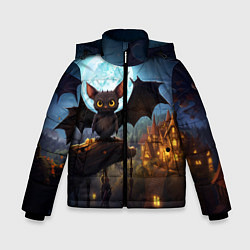 Куртка зимняя для мальчика Летучая мышка на фоне луны и замка, цвет: 3D-черный