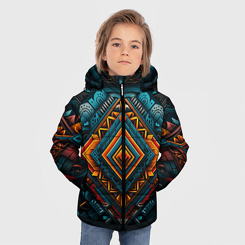 Зимняя куртка для мальчика Орнамент с оранжевыми и синими ромбами / 3D-Красный – фото 3