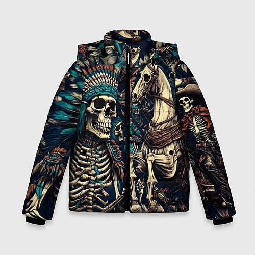 Зимняя куртка для мальчика Татуировка скелета индейца и ковбоя в техасе / 3D-Черный – фото 1