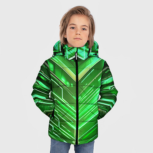 Зимняя куртка для мальчика Зелёные неон полосы киберпанк / 3D-Красный – фото 3