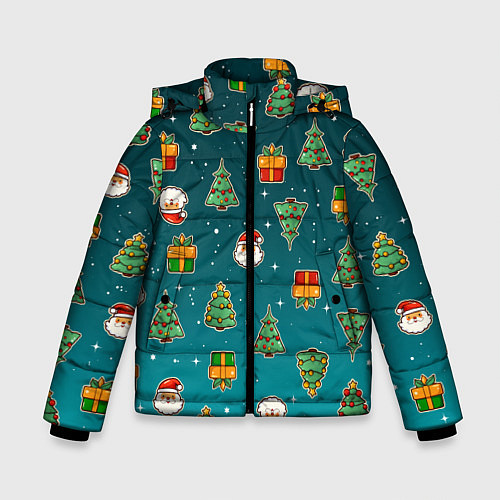 Зимняя куртка для мальчика Подарки новогодние елки и Санта - паттерн градиент / 3D-Черный – фото 1