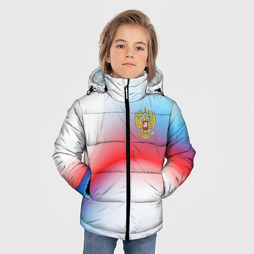 Зимняя куртка для мальчика Герб России на фоне абстрактного триколора / 3D-Красный – фото 3