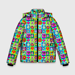 Куртка зимняя для мальчика Сердца и квадраты абстракция, цвет: 3D-черный