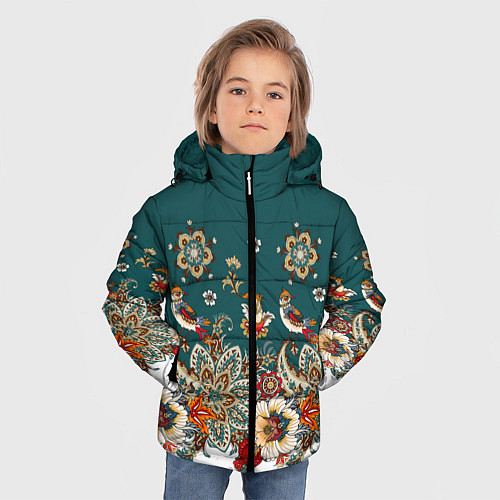 Зимняя куртка для мальчика Индийский орнамент с птицами / 3D-Красный – фото 3
