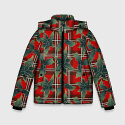 Куртка зимняя для мальчика Листья остролиста на красной шотландке, цвет: 3D-красный