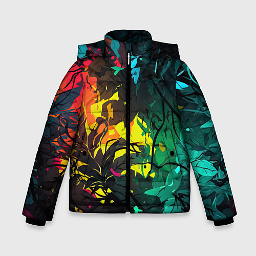 Зимняя куртка для мальчика Яркие разноцветные абстрактные листья / 3D-Черный – фото 1