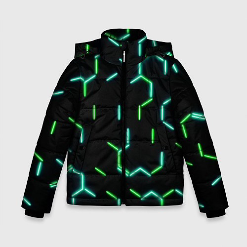 Зимняя куртка для мальчика Зеленые неоновые неполные гексагоны / 3D-Черный – фото 1
