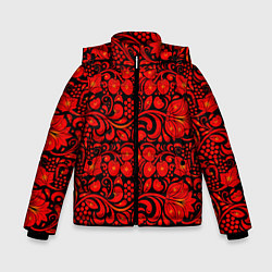 Куртка зимняя для мальчика Хохломская роспись красные цветы и ягоды на чёрном, цвет: 3D-красный