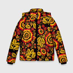 Куртка зимняя для мальчика Хохломская роспись золотистые листья и цветы чёрно, цвет: 3D-красный