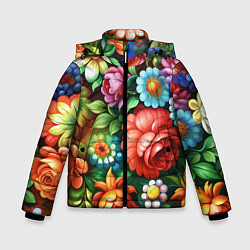 Куртка зимняя для мальчика Жостово роспись цветы традиционный узор, цвет: 3D-светло-серый