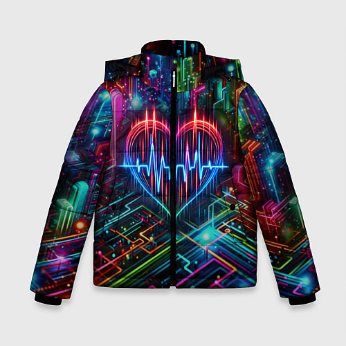 Зимняя куртка для мальчика Неоновое сердце - кардиограмма / 3D-Черный – фото 1