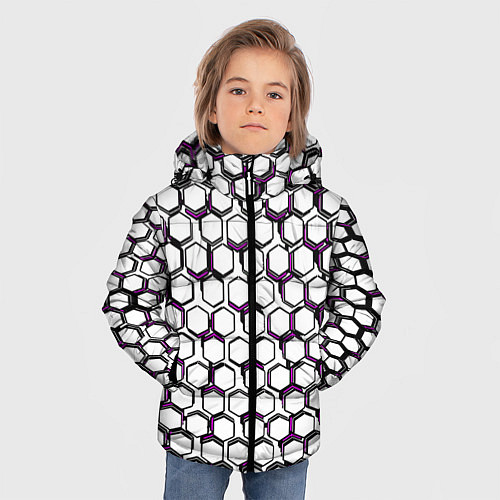 Зимняя куртка для мальчика Киберпанк узор из шестиугольников розовый / 3D-Красный – фото 3