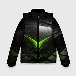 Куртка зимняя для мальчика Зеленая яркая плашка на черном абстракция, цвет: 3D-светло-серый