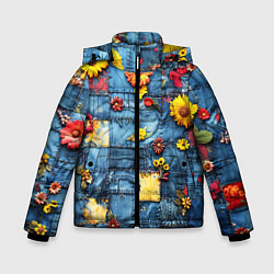 Куртка зимняя для мальчика Подсолнухи на джинсах, цвет: 3D-красный