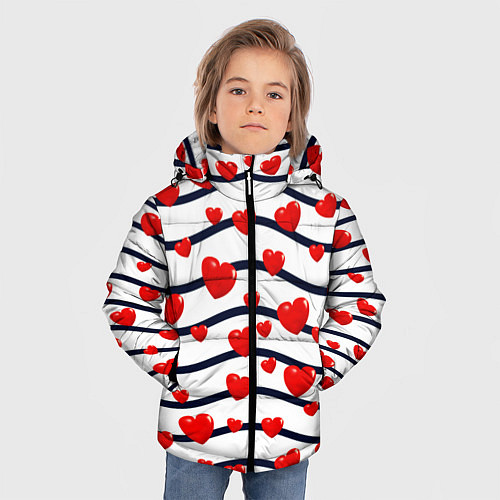 Зимняя куртка для мальчика Сердца на линиях / 3D-Красный – фото 3