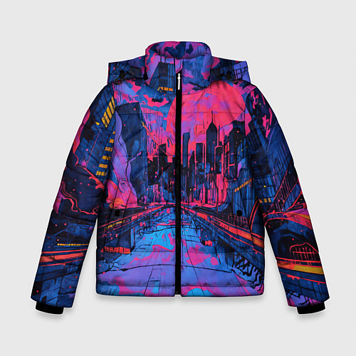 Зимняя куртка для мальчика Город в психоделических цветах / 3D-Черный – фото 1