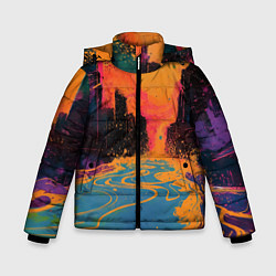 Куртка зимняя для мальчика Абстрактная городская улица со зданиями и река, цвет: 3D-черный