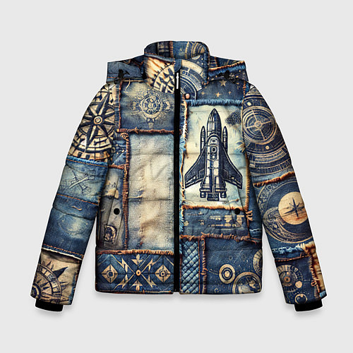 Зимняя куртка для мальчика Космический корабль - пэчворк / 3D-Черный – фото 1