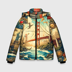 Куртка зимняя для мальчика Мост через реку и пэчворк - нейросеть арт USA brid, цвет: 3D-светло-серый