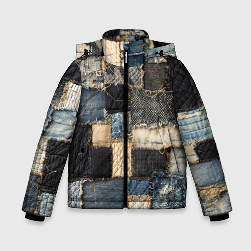 Зимняя куртка для мальчика Заплатки пэчворк на джинсе / 3D-Черный – фото 1