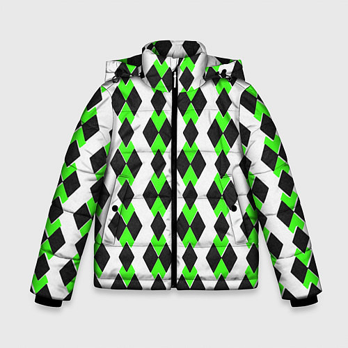 Зимняя куртка для мальчика Чёрные и зелёные ромбы на белом фоне / 3D-Черный – фото 1