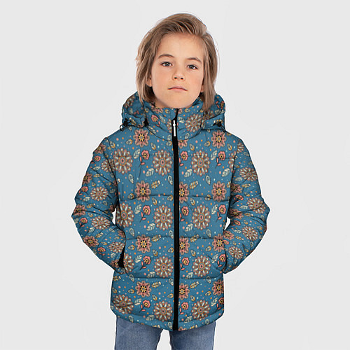 Зимняя куртка для мальчика Цветочный узор в стиле бохо на синем / 3D-Красный – фото 3