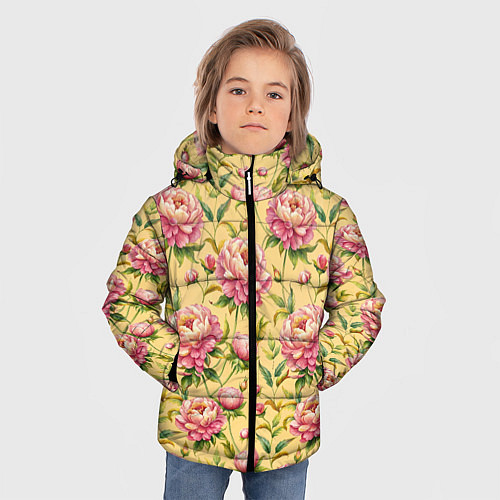 Зимняя куртка для мальчика Крупные пионы садовые цветы бутоны паттерн / 3D-Красный – фото 3