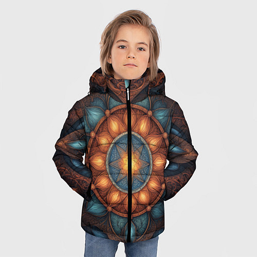 Зимняя куртка для мальчика Симметричный орнамент - мандала узор со светящейся / 3D-Красный – фото 3