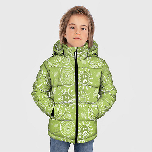 Зимняя куртка для мальчика Зеленый цветочный - паттерн смайлики / 3D-Светло-серый – фото 3